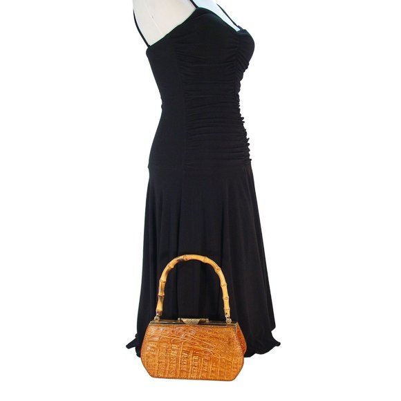 VINTAGE ALLIGATOR 40's 50's Bamboo Handle Kisslock Hardframe Mini Bag - Picture 11 of 12